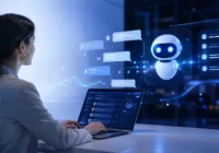 Conversational AI design concept showing a human interacting with an advanced AI chatbot interface
