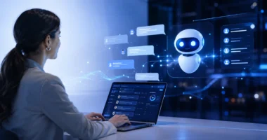 Conversational AI design concept showing a human interacting with an advanced AI chatbot interface