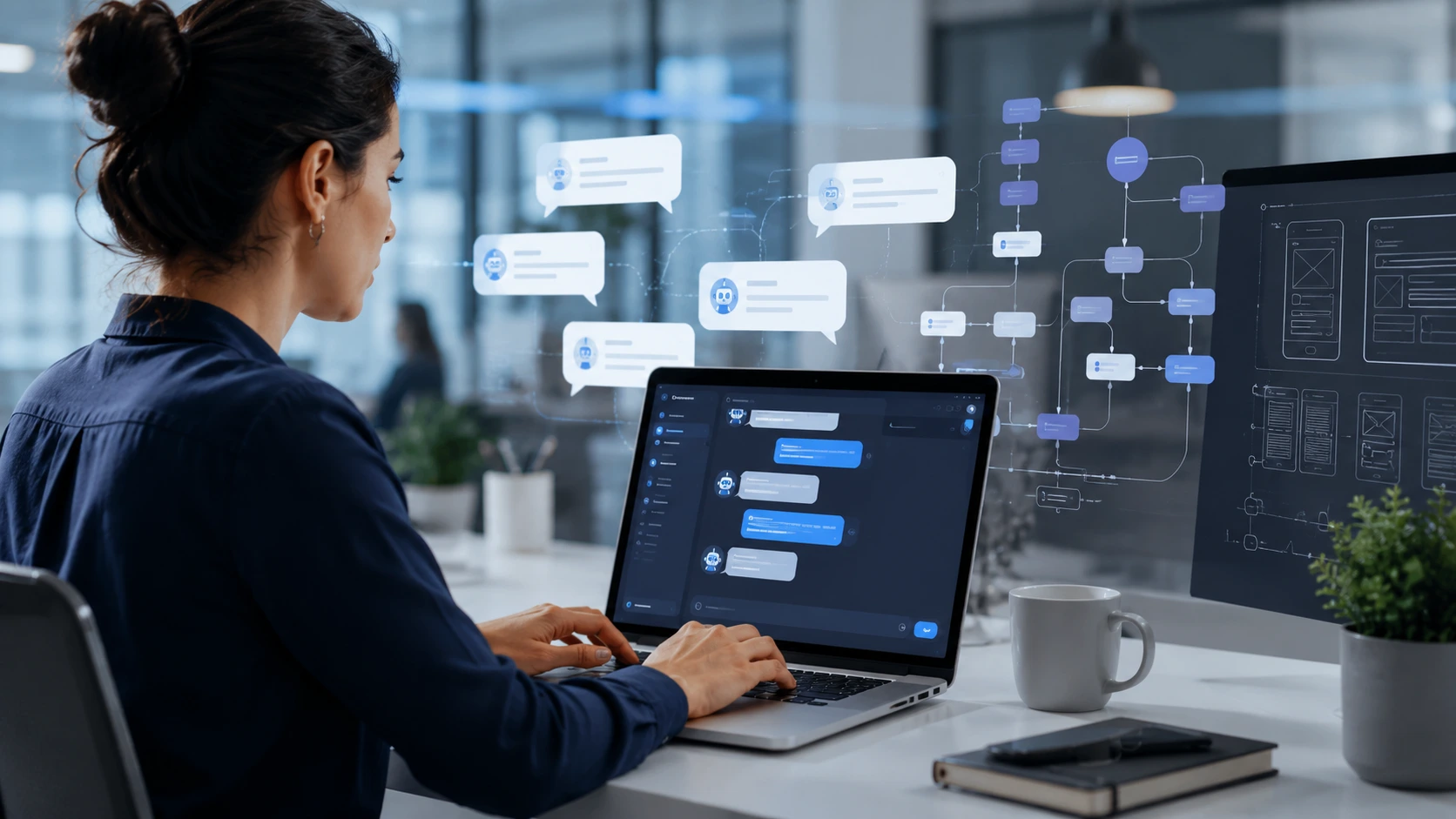 Conversational AI Design: The Complete Guide to Building Human-Centered AI Experiences in 2026 1 Professional using a conversational AI interface on a laptop with chatbot design elements