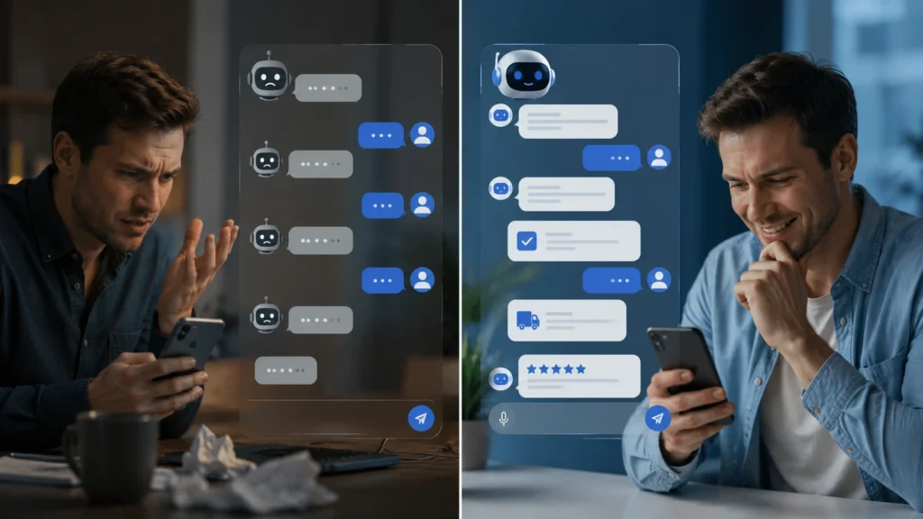 Conversational AI Design: The Complete Guide to Building Human-Centered AI Experiences in 2026 2 Comparison of poor chatbot experience and well-designed conversational AI interaction