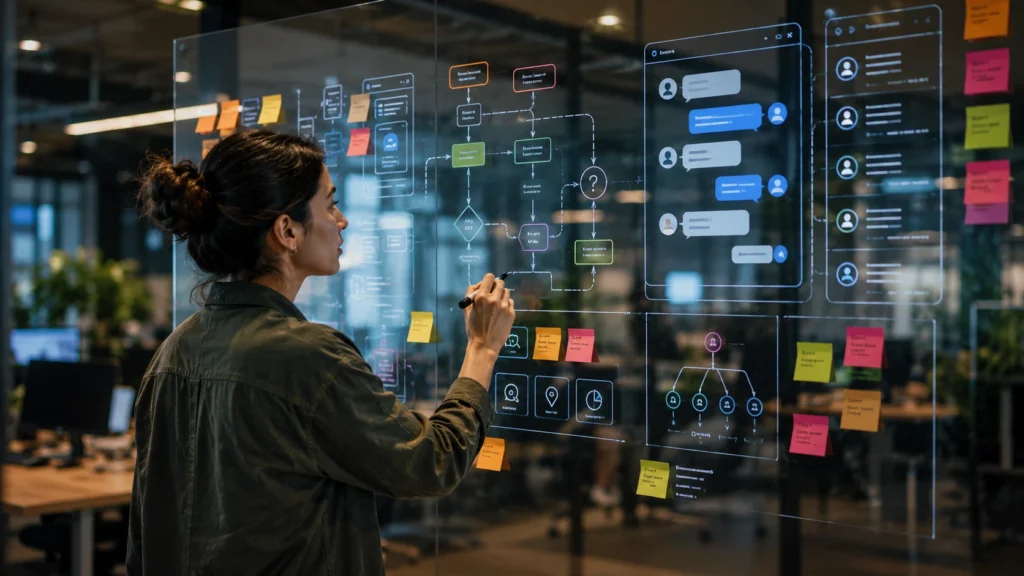 Conversational AI Design: The Complete Guide to Building Human-Centered AI Experiences in 2026 3 UX designer mapping conversational AI workflow with intent and fallback paths