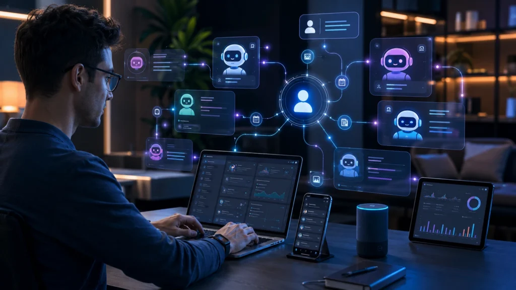 Conversational AI Design: The Complete Guide to Building Human-Centered AI Experiences in 2026 4 AI agent ecosystem showing human collaboration with multiple conversational AI assistants