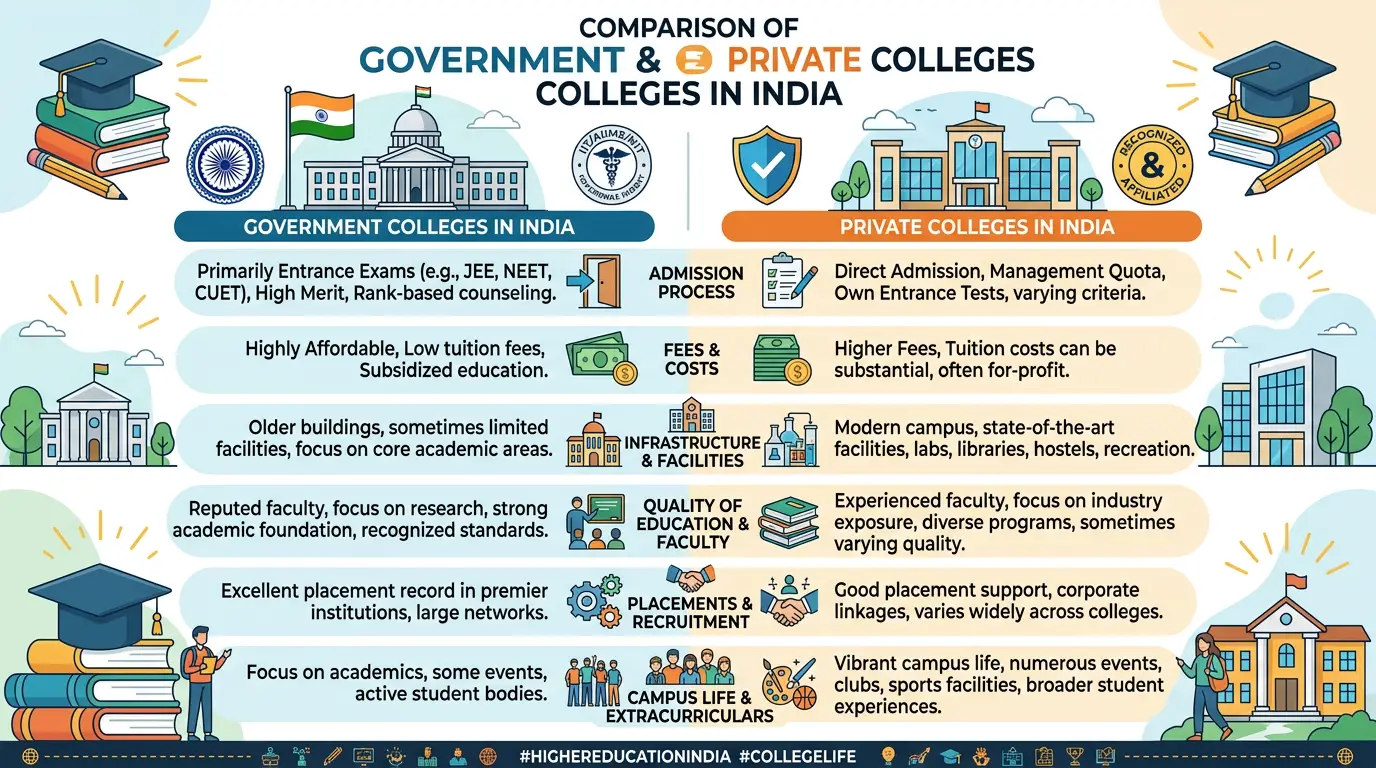 Best Colleges in India (2026): Top Universities, Courses, Fees, Placements & Admission Guide 2 Government colleges vs private colleges in India comparison